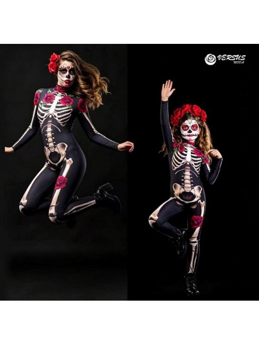 Vestito Carnevale Halloween Scheletro Muerte con Rose Costume Sexy MUERTE01